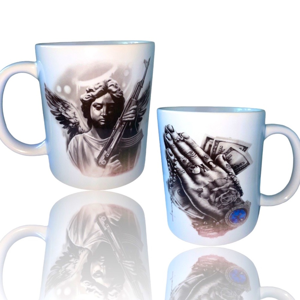 guardian angel and praying hands with money coffee mug cup tea 12” ounce